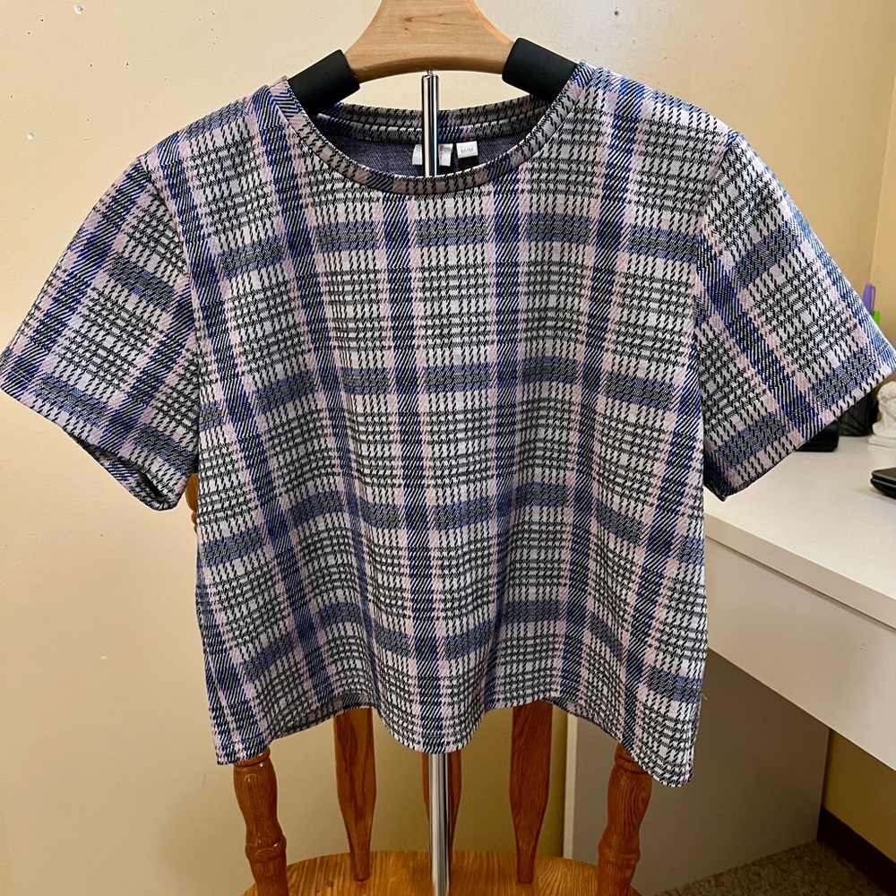 Twik Plaid Short Sleeve Boxy Top in Blue and Lilac